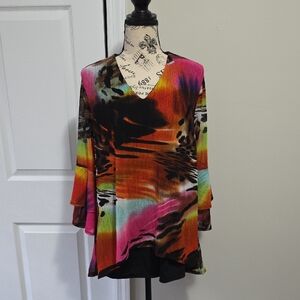 Calessa Vibrant Abstract Print V Neck Bell Tulip Sleeve Top, Shirt Tunic Small